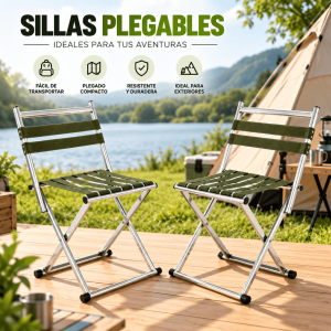 Silla plegable portátil con estructura metálica y asiento de tela. Ideal para camping, pesca, playa, jardín y actividades al aire libre. Venta por mayoreo.