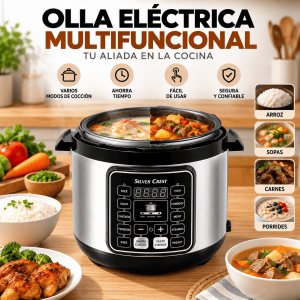 Olla eléctrica multifuncional con panel de control, ideal para preparar arroz, sopas, carnes, pollo, pescado y guisos. Práctica para cocina y venta por mayoreo.