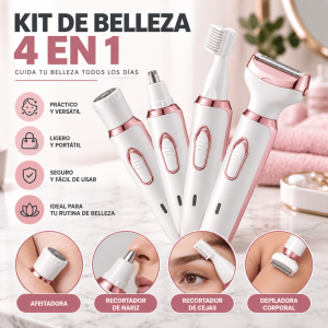 Kit de belleza 4 en 1 con accesorios para afeitado, nariz, cejas y depilación corporal. Práctico, portátil y fácil de usar. Venta por mayoreo.