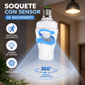 Soquete con sensor de movimiento 360° para encendido automático de focos. Práctico para pasillos, entradas, patios, baños y escaleras. Venta por mayoreo.