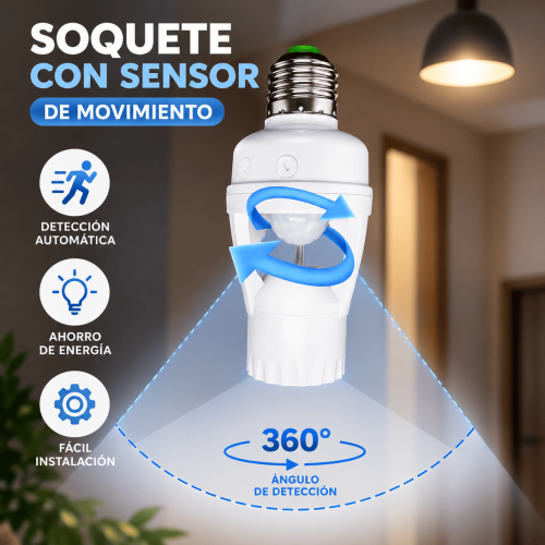 Soquete con sensor de movimiento 360° para encendido automático de focos. Práctico para pasillos, entradas, patios, baños y escaleras. Venta por mayoreo.