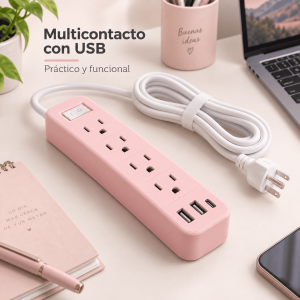 Multicontacto con entradas eléctricas y puertos USB, ideal para conectar y cargar dispositivos en casa, oficina o negocio. Venta por mayoreo.