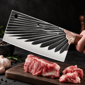Cuchillo tipo hacha con hoja amplia y mango de madera, ideal para cortar carne, verduras y alimentos en cocina. Venta por mayoreo.