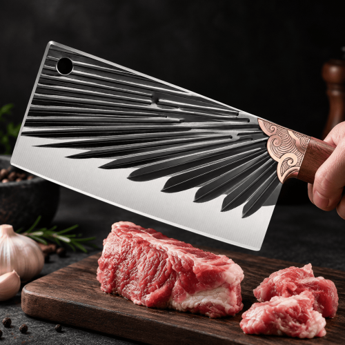 Cuchillo tipo hacha con hoja amplia y mango de madera, ideal para cortar carne, verduras y alimentos en cocina. Venta por mayoreo.