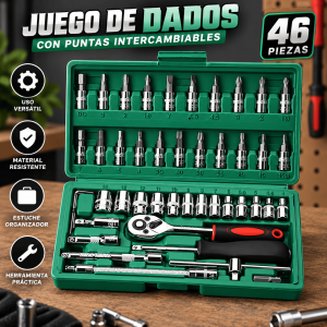 Juego de dados de 46 piezas con puntas intercambiables, matraca, extensiones y estuche organizador. Ideal para taller, hogar y reparaciones. Venta por mayoreo.