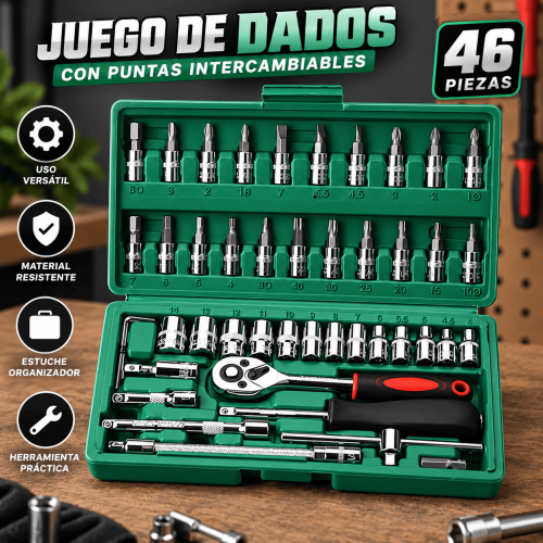 Juego de dados de 46 piezas con puntas intercambiables, matraca, extensiones y estuche organizador. Ideal para taller, hogar y reparaciones. Venta por mayoreo.