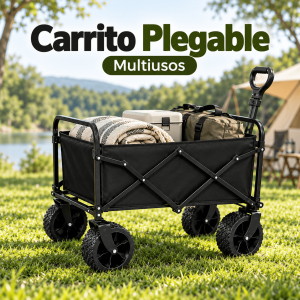 Carrito plegable multiusos con ruedas para exterior y asa de arrastre. Ideal para camping, picnic, playa, jardín, compras y hogar. Venta por mayoreo.