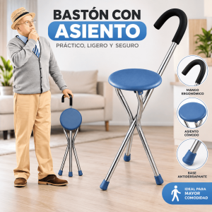 Bastón con asiento plegable, estructura metálica, mango cómodo y bases antiderrapantes. Ideal para caminar y descansar con mayor comodidad. Venta por mayoreo.