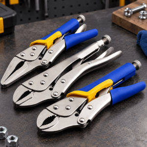 Pinzas de presión metálicas con mango ergonómico y tornillo de ajuste. Ideales para taller, mecánica, reparaciones y hogar. Venta por mayoreo.
