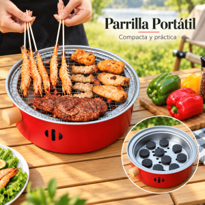 Parrilla portátil de carbón compacta, práctica y fácil de transportar. Ideal para camping, picnic, jardín y reuniones. Venta por mayoreo.
