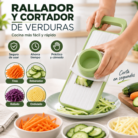 Rallador y cortador de verduras manual con protector de mano. Ideal para rebanar, rallar y preparar alimentos de forma práctica. Venta por mayoreo.