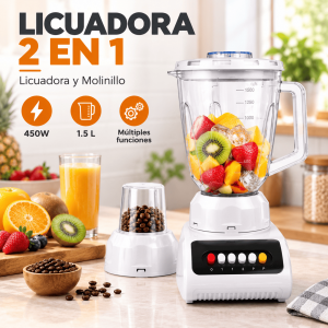 Licuadora 2 en 1 con vaso principal y molinillo, ideal para jugos, licuados, salsas y mezclas de cocina. Venta por mayoreo.