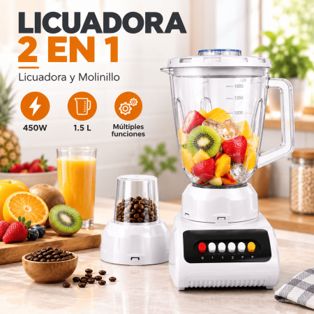 Licuadora 2 en 1 con vaso principal y molinillo, ideal para jugos, licuados, salsas y mezclas de cocina. Venta por mayoreo.