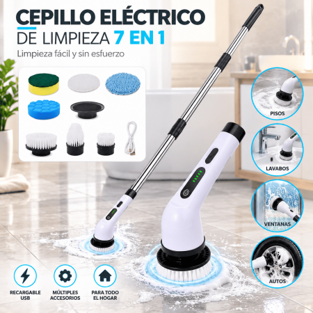 Cepillo eléctrico de limpieza 7 en 1 con mango largo, accesorios intercambiables y carga USB. Ideal para pisos, lavabos, ventanas y autos. Venta por mayoreo.