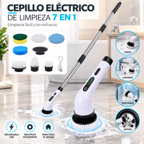 Cepillo eléctrico de limpieza 7 en 1 con mango largo, accesorios intercambiables y carga USB. Ideal para pisos, lavabos, ventanas y autos. Venta por mayoreo.
