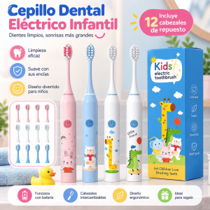 Cepillo dental eléctrico infantil con cabezales de repuesto y diseño divertido para niños. Ideal para la limpieza dental diaria. Venta por mayoreo.