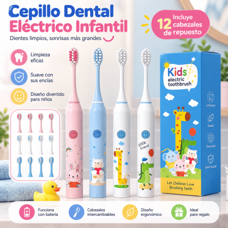 Cepillo dental eléctrico infantil con cabezales de repuesto y diseño divertido para niños. Ideal para la limpieza dental diaria. Venta por mayoreo.