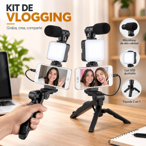 Kit de vlogging con soporte para celular, micrófono, luz LED y trípode 2 en 1. Ideal para grabar contenido, videos y transmisiones. Venta por mayoreo.