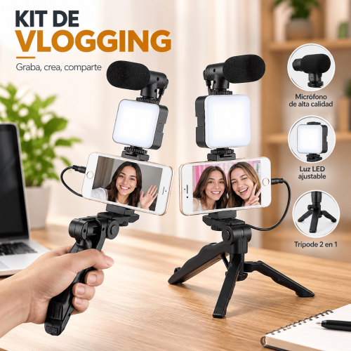 Kit de vlogging con soporte para celular, micrófono, luz LED y trípode 2 en 1. Ideal para grabar contenido, videos y transmisiones. Venta por mayoreo.