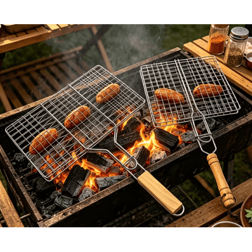 Canasta parrillera metálica con mango de madera, práctica para asar carnes, verduras, pescados y salchichas en parrilla o carbón. Disponible por mayoreo.