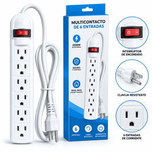 Multicontacto de 6 entradas con cable e interruptor de encendido. Ideal para hogar, oficina, negocio y áreas de trabajo. Venta por mayoreo.