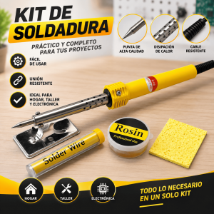 Kit de soldadura con cautín y accesorios básicos para electrónica, reparaciones, manualidades y taller. Producto práctico en venta por mayoreo.