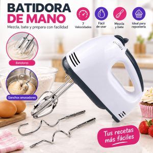 Batidora de mano con 7 velocidades, batidores y ganchos amasadores. Ideal para repostería, masas, cremas y mezclas. Venta por mayoreo.