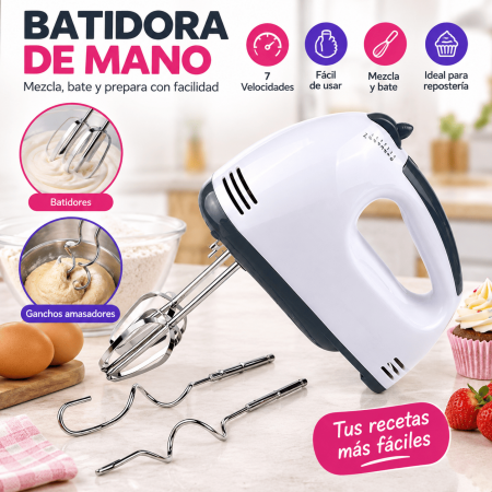 Batidora de mano con 7 velocidades, batidores y ganchos amasadores. Ideal para repostería, masas, cremas y mezclas. Venta por mayoreo.