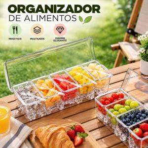 Organizador transparente con compartimentos para separar frutas, botanas y alimentos. Práctico para el hogar y reuniones. Venta por mayoreo.
