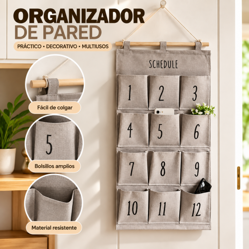 Organizador colgante de pared con 12 bolsillos para guardar accesorios y objetos pequeños. Diseño vertical práctico para aprovechar el espacio. Venta por mayoreo.