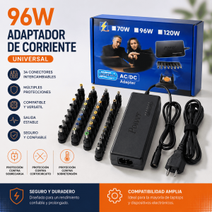 Adaptador universal de 96W para laptop con 34 conectores intercambiables, protección múltiple y compatibilidad con diversas marcas. Venta por mayoreo.