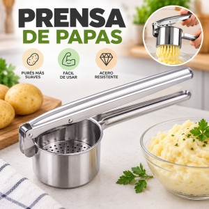 Prensa manual para triturar papas de forma práctica y preparar purés con mayor facilidad. Cuenta con recipiente perforado y mangos largos que facilitan el prensado. Ideal para complementar los utensilios de cocina del hogar o negocio. Venta por mayoreo.