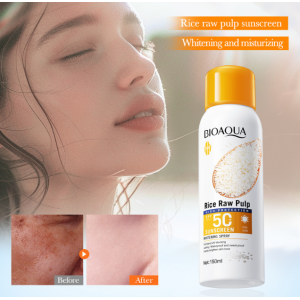 Protector solar en spray Bioaqua de pulpa de arroz SPF50+, alta protección contra rayos UVA/UVB, fórmula aclaradora y humectante, resistente al agua, ideal para piel sensible y uso diario en rostro y cuerpo 150 ml, Mayoreo NO.BQY39019