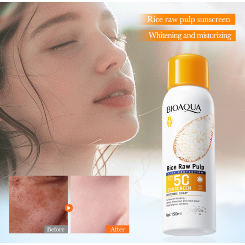 Protector solar en spray Bioaqua de pulpa de arroz SPF50+, alta protección contra rayos UVA/UVB, fórmula aclaradora y humectante, resistente al agua, ideal para piel sensible y uso diario en rostro y cuerpo 150 ml, Mayoreo NO.BQY39019