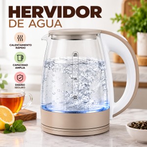 Hervidor eléctrico de vidrio con indicador de nivel y práctico diseño para calentar agua y preparar bebidas calientes. Venta por mayoreo.