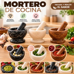 Mortero de cocina con mazo para triturar especias, hierbas y diferentes ingredientes. Práctico para preparar diversas recetas. Venta por mayoreo.