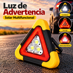 Luz de advertencia solar con iluminación blanca, roja y modo intermitente. Diseño triangular portátil para señalización y emergencias. Venta por mayoreo.