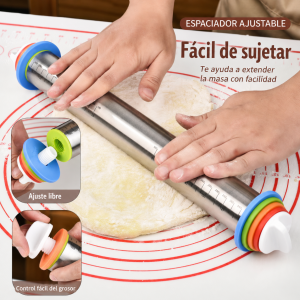 Rodillo Ajustable para Masa Rodillo de Cocina con Anillos Medidores para Grosor Uniforme- Por mayoreo 