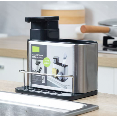 Organizador de cocina 3 en 1 de acero inoxidable con dispensador de jabón, escurridor y soporte para esponja, diseño compacto y resistente para fregadero, fácil de limpiar y anticorrosión, Mayoreo 13180