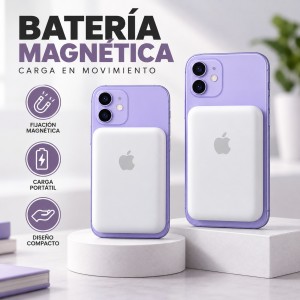 Batería magnética portátil con diseño compacto para cargar dispositivos compatibles de manera práctica. Venta por mayoreo.