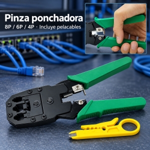 Pinza ponchadora para conectores de 8, 6 y 4 posiciones, con mangos verdes y pelacables incluido. Para trabajos de redes y telefonía. Venta por mayoreo.