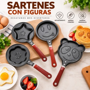 Sartén con figuras ideal para preparar huevos, hot cakes y desayunos creativos. Diferentes diseños disponibles para venta por mayoreo.