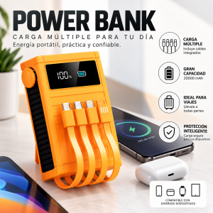 Power Bank portátil de 20000 mAh con cables integrados y pantalla digital. Práctico para viajes, uso diario, tiendas y distribuidores. Venta por mayoreo.