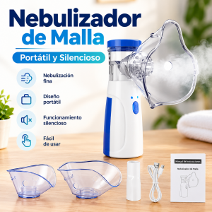 Nebulizador de malla portátil con mascarillas y accesorios. Diseño compacto, práctico y fácil de transportar. Disponible para venta por mayoreo.