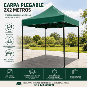 carpa plegable, carpa verde, 2x2 metros, toldo portátil, eventos, jardín, ferias, comercio, mayoreo