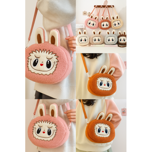 Bolsa de peluche labubu y diseño de carita tierna, bandolera ajustable, varios colores, mayoreo 0738