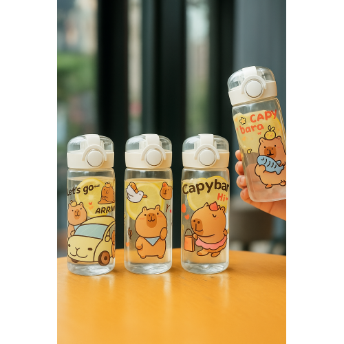 Botella de agua Capybara con boquilla y popote, diseño infantil divertido, ideal para escuela, paseos y uso diario, Mayoreo 6131