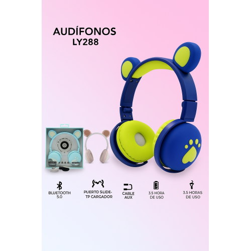 Audífonos inalámbricos Bluetooth con diseño de orejas de oso, diadema ajustable y plegable, sonido estéreo y batería recargable, ideales para niños y jóvenes, Mayoreo LY288