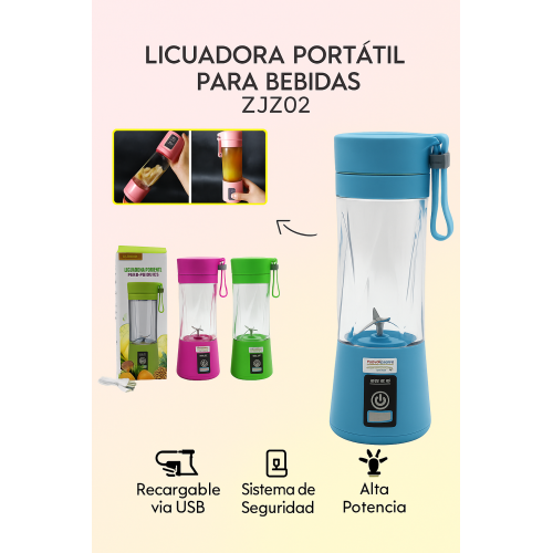 Licuadora Portátil Recargable USB para Batidos y Smoothies, Mini Blender Eléctrica con Vaso Extraíble, Ideal para Jugos de Frutas, Verduras y Proteínas, Diseño Compacto y Fácil de Llevar, Mayoreo ZJZ02