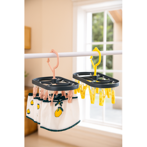 Tendedero Portátil con 12 Pinzas para Ropa Interior y Calcetines, Percha Colgante de Plástico Resistente con Gancho Giratorio, Compacto y Plegable para Secado en Interiores y Exteriores, 30*12. 5*19cm, Mayoreo YJ02